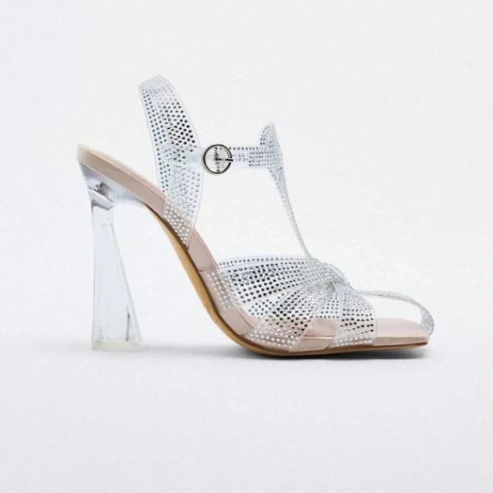 NWT. Zara Transparent Vinyl High Heel Sandals with Rhinestones Details Size 7,5.